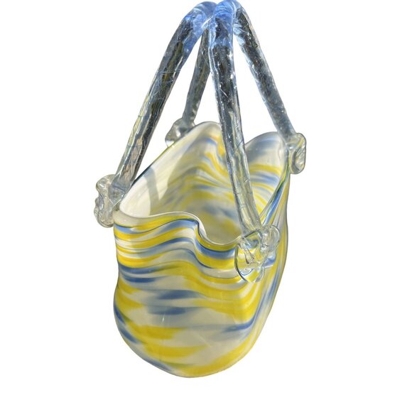 Hand-Blown Murano Glass Basket Lamp With Yellow & Blue Swirls - Unique Home Deco - Picture 6 of 8